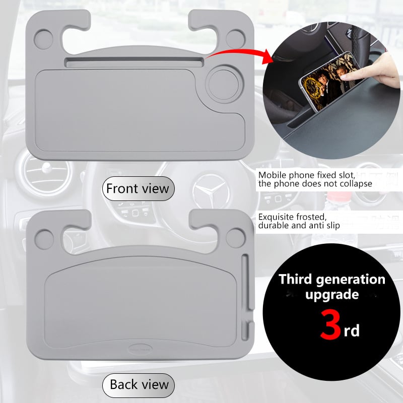 Svartgrått FlexiWheel bilbord i robust material, perfekt för måltider eller som laptopbord i bil.