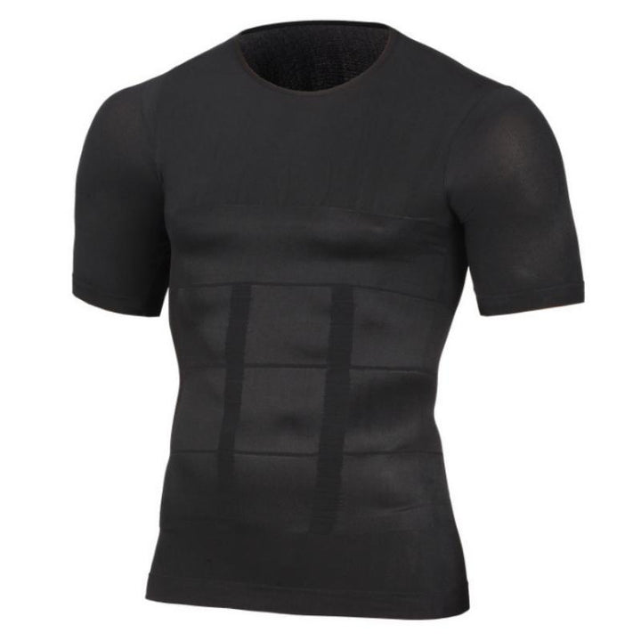 Svart formande T-shirt med kort ärm för män, kompressionseffekt, slimmande och stödjande, perfekt för träning och vardag.