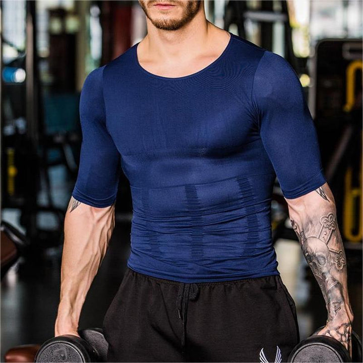 Svart formande T-shirt med kort ärm för män, kompressionseffekt, slimmande och stödjande, perfekt för träning och vardag.