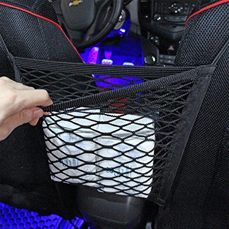 "Svart förvaringsnät för bilsäte med flexibel fyrsidig mesh. Slitstarkt nylon, organiserar resor, 25x30 cm."