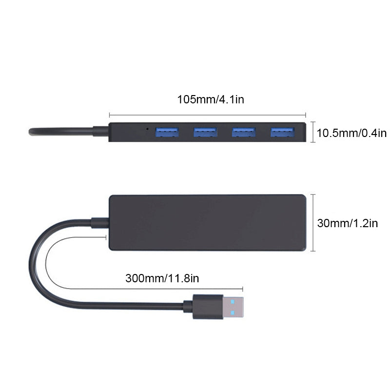 "Svart fyra-portars USB-dockningsstation med kompakt design, snabb USB 3.0-överföring, passar datorer och speltillbehör."