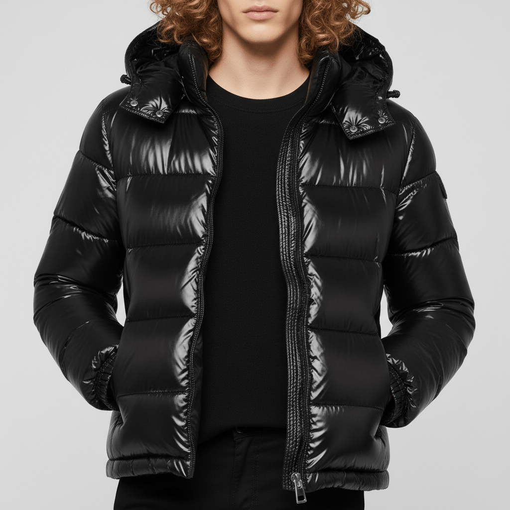 Svart glansig pufferjacka för herrar. Varm, quiltad vinterjacka med huva för urban stil.