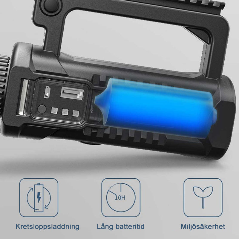 "Svart handhållen LED-ficklampa för utomhusbruk, 90000 lumens, IPX5, på träbänk, perfekt för nattvandring och camping."