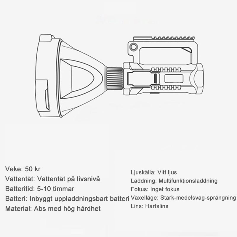 "Svart handhållen LED-ficklampa för utomhusbruk, 90000 lumens, IPX5, på träbänk, perfekt för nattvandring och camping."