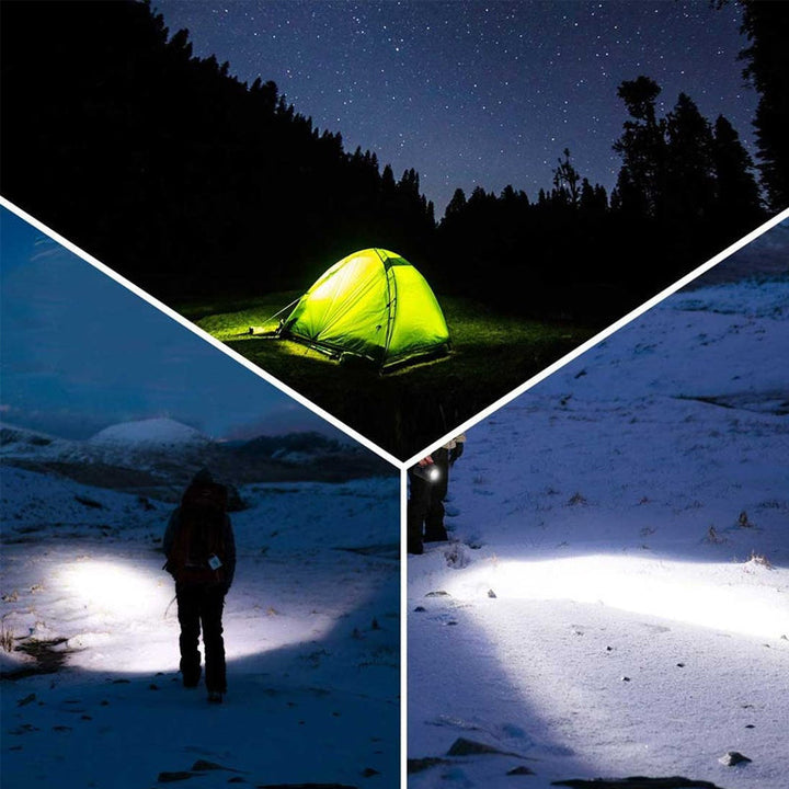 "Svart handhållen LED-ficklampa för utomhusbruk, 90000 lumens, IPX5, på träbänk, perfekt för nattvandring och camping."