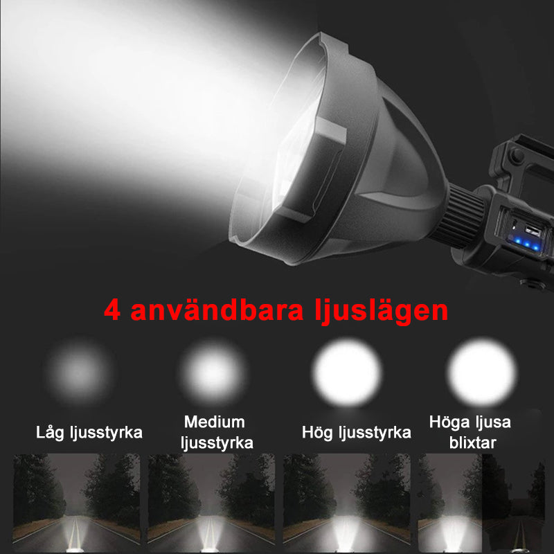 "Svart handhållen LED-ficklampa för utomhusbruk, 90000 lumens, IPX5, på träbänk, perfekt för nattvandring och camping."