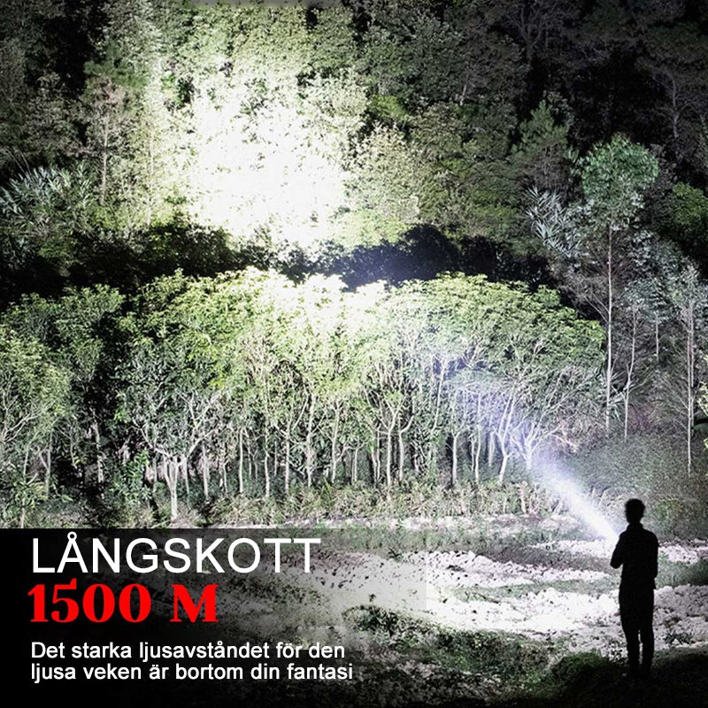 "Svart handhållen LED-ficklampa för utomhusbruk, 90000 lumens, IPX5, på träbänk, perfekt för nattvandring och camping."