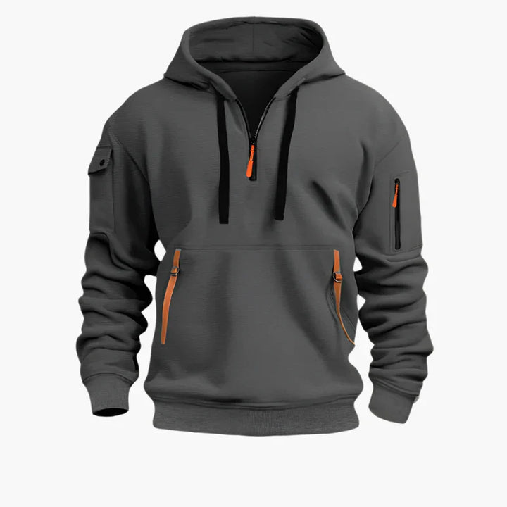 Svart herr hoodie med full dragkedja och justerbar huva. Varm och funktionell streetwear för män.