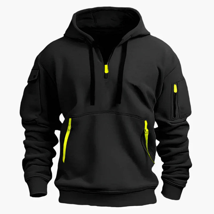 Herr sweatshirt med dragkedja och justerbar huva. Bekväm och varm, idealisk för vardag och fritid.