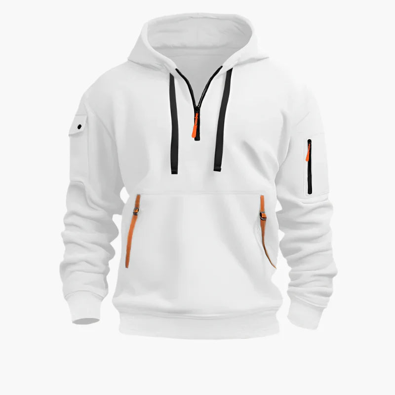 Khaki herr hoodie, varm tröja med dragkedja och huva. Perfekt för fritid och ett modernt vardagsmode.
