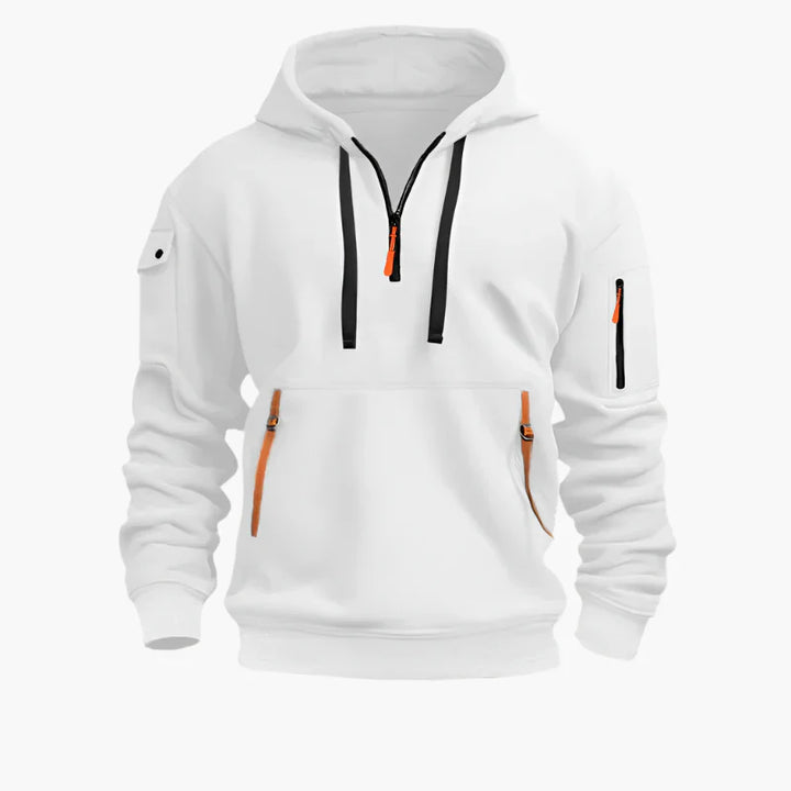 Khaki herr hoodie, varm tröja med dragkedja och huva. Perfekt för fritid och ett modernt vardagsmode.