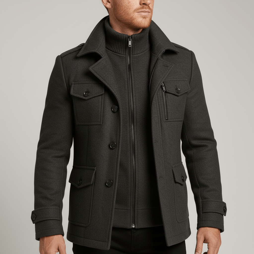 Svart herr slimfit kappa Ethan med elegant skräddarsydd stil och ståkrage, perfekt för höst/vinter.