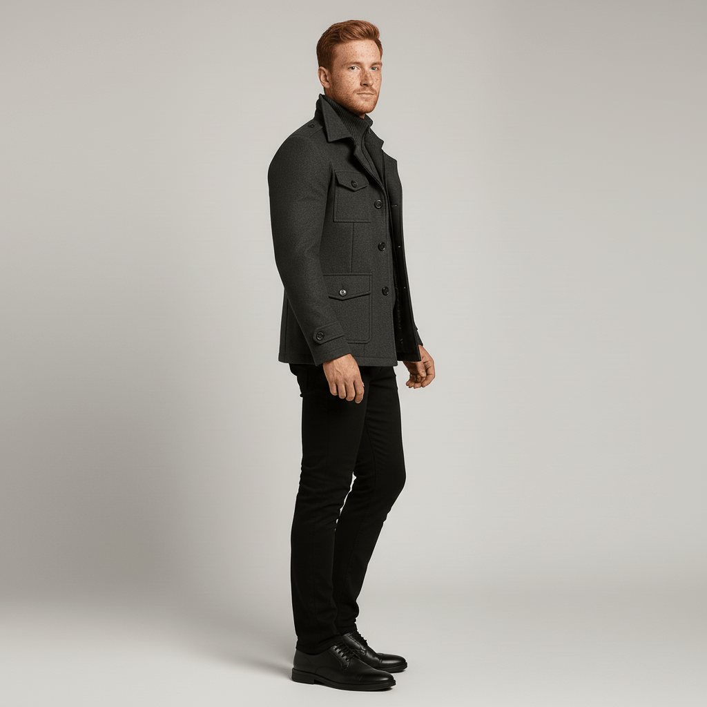 Svart slimfit höst- och vinterkappa för herr, modell Ethan, med modern design och ståkrage.