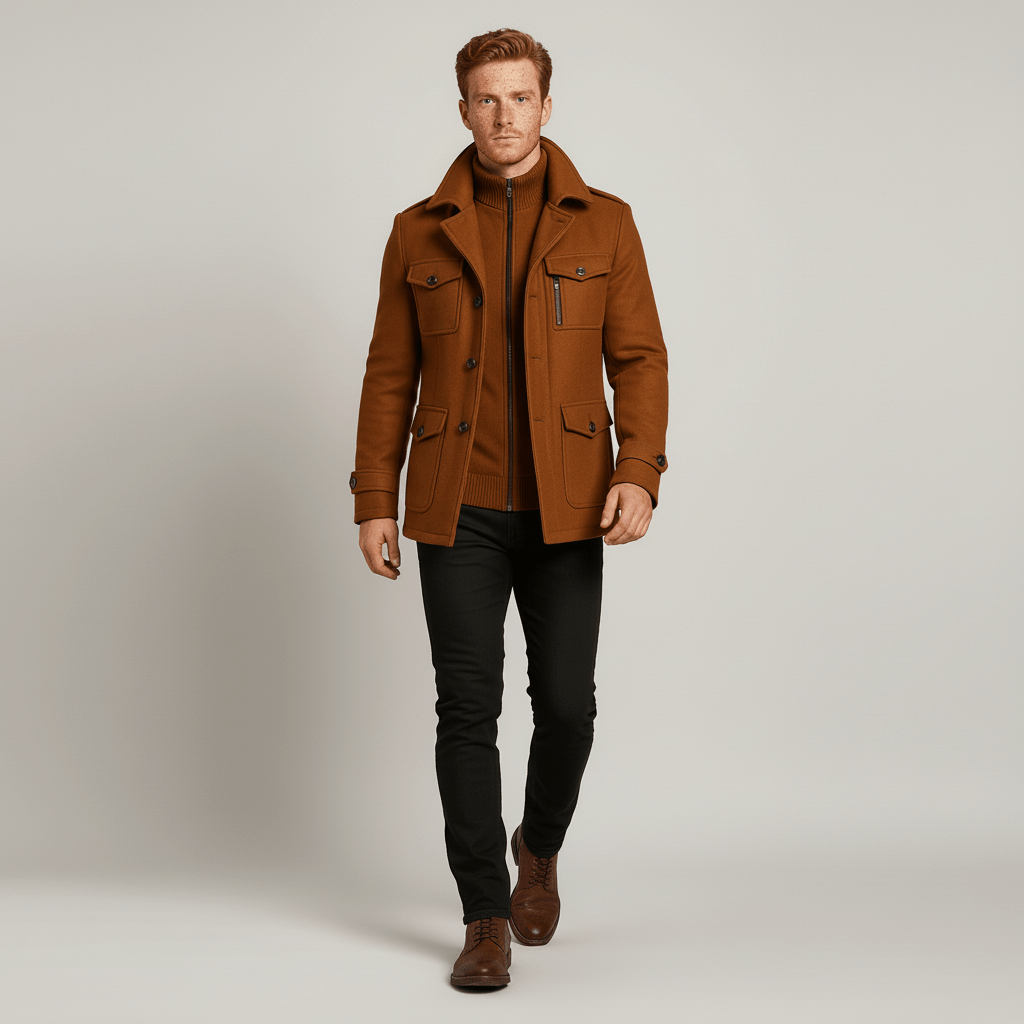 Elegant herrkappa slimfit Ethan i brun för vinter/höst, med avtagbar insats för flexibel stil.