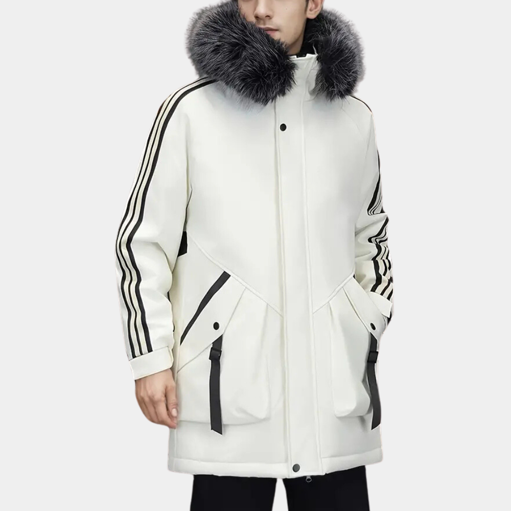 Svart herr vinterjacka parka. Modern, varm och stilren ytterrock för män, perfekt mot kyla.