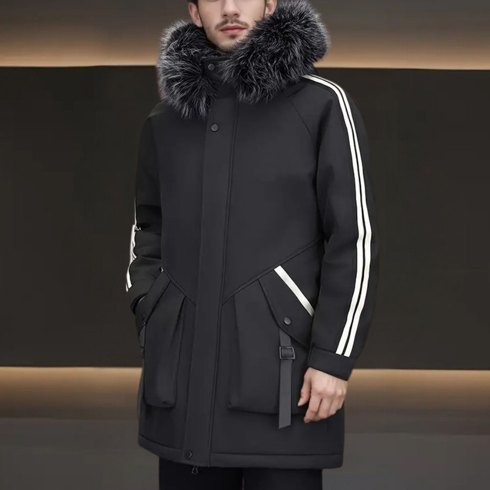 Herr vinterparka i modern stil. Varm jacka, ytterplagg och bekväm vinterrock för män.