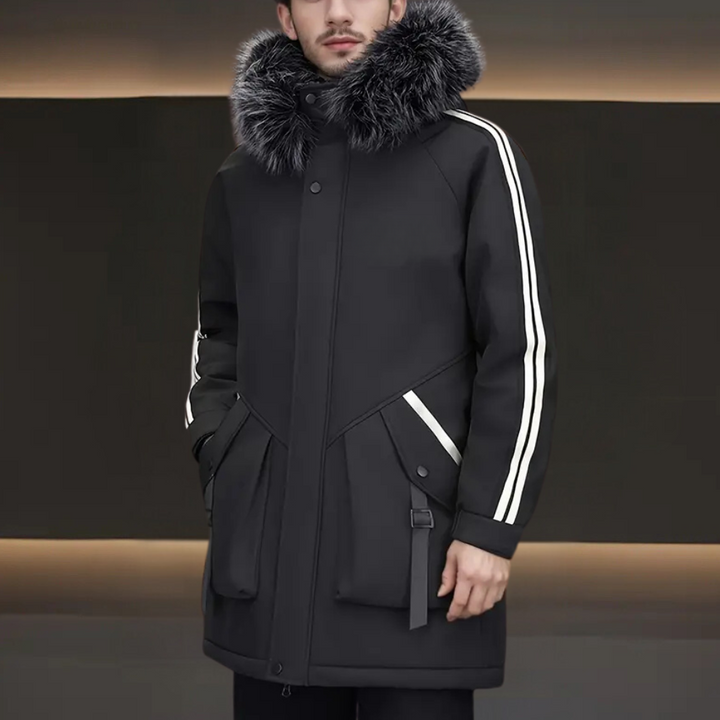 Herr vinterparka i modern stil. Varm jacka, ytterplagg och bekväm vinterrock för män.