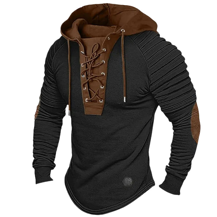 Svart herrhuvtröja med snörning, perfekt för en avslappnad stil och fritidsaktiviteter. Modern streetwear.