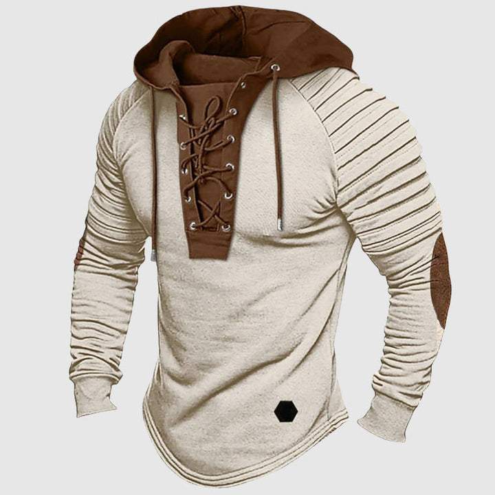Herrtröja med huva i beige med justerbar snörning, ger en avslappnad och modern look. Herrkläder mode.