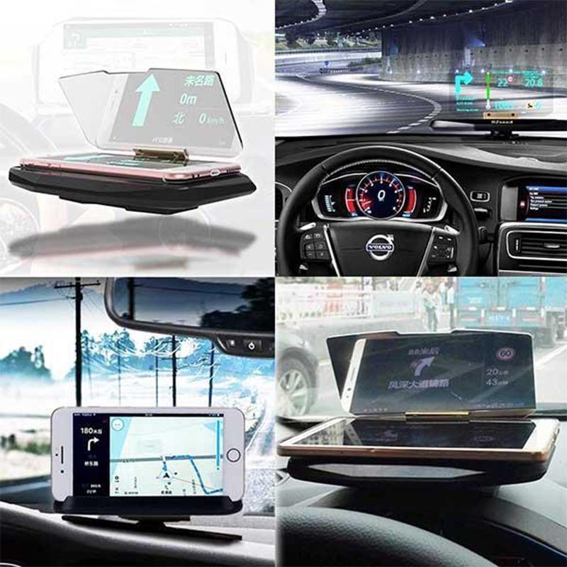"Svart HUD Display och mobilhållare för bil, med trådlös laddning och tydlig display i ljusa förhållanden."