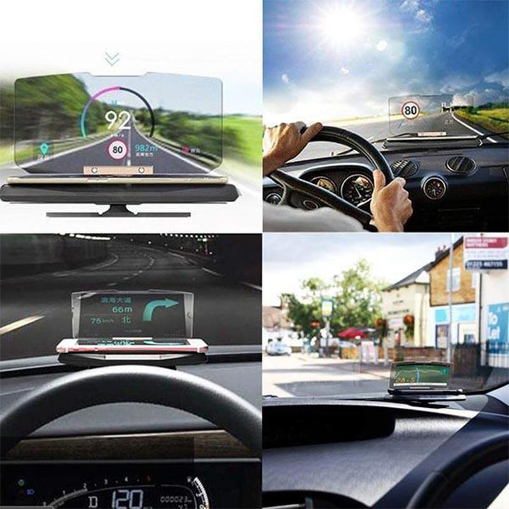 "Svart HUD Display och mobilhållare för bil, med trådlös laddning och tydlig display i ljusa förhållanden."