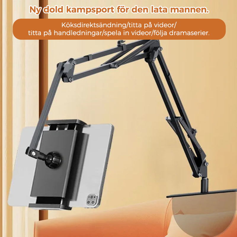 Svart infällbar hållare för mobil och surfplatta med justerbara leder. Skyddar möbler, stilren design för hemmiljö.