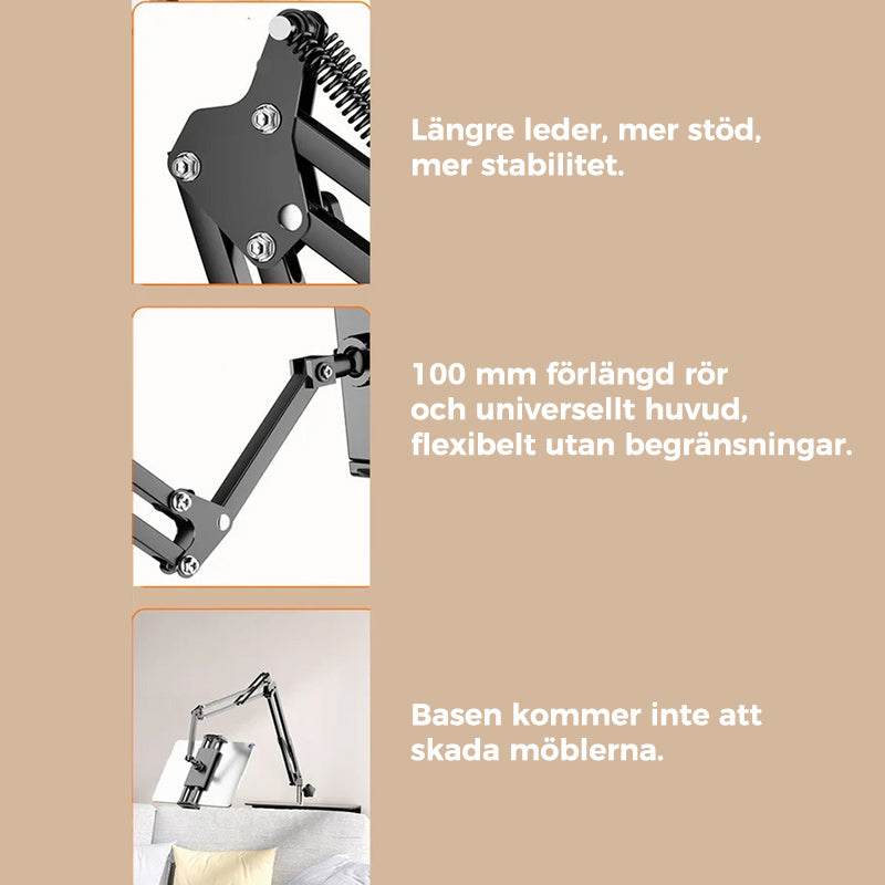 Svart infällbar hållare för mobil och surfplatta med justerbara leder. Skyddar möbler, stilren design för hemmiljö.