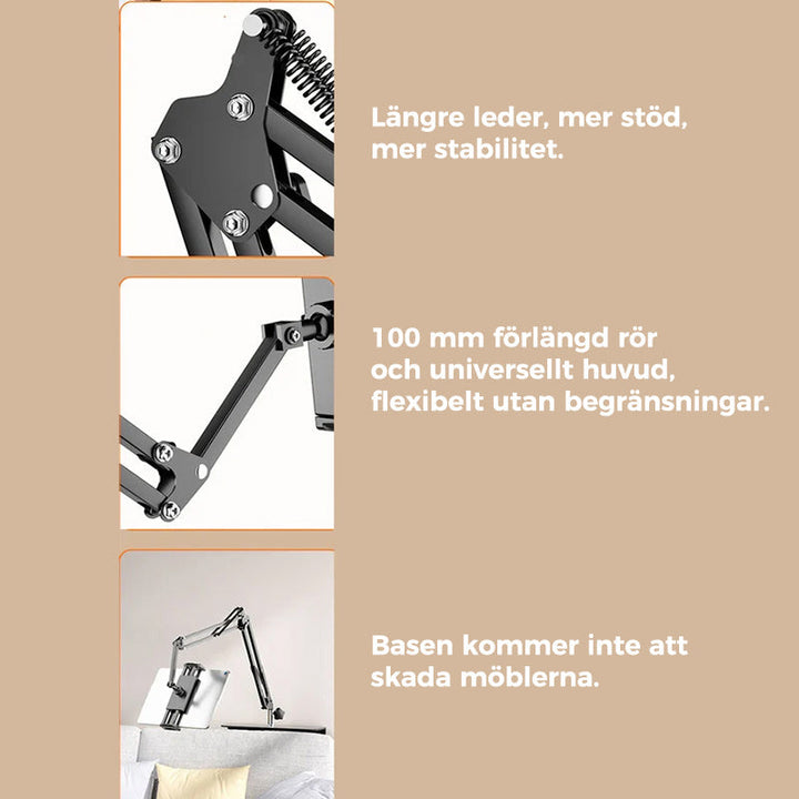 Svart infällbar hållare för mobil och surfplatta med justerbara leder. Skyddar möbler, stilren design för hemmiljö.