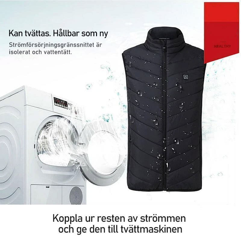 "Svart justerbar uppvärmningsväst för män och kvinnor, designad för komfort och värme i kallt väder, använd inomhus/utomhus."