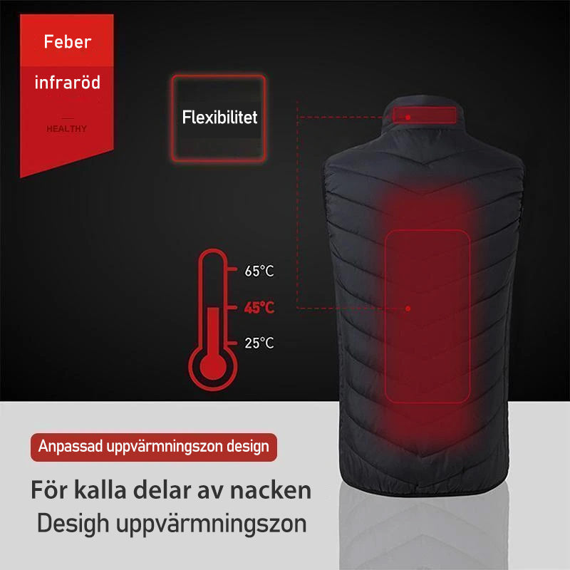 "Svart justerbar uppvärmningsväst för män och kvinnor, designad för komfort och värme i kallt väder, använd inomhus/utomhus."