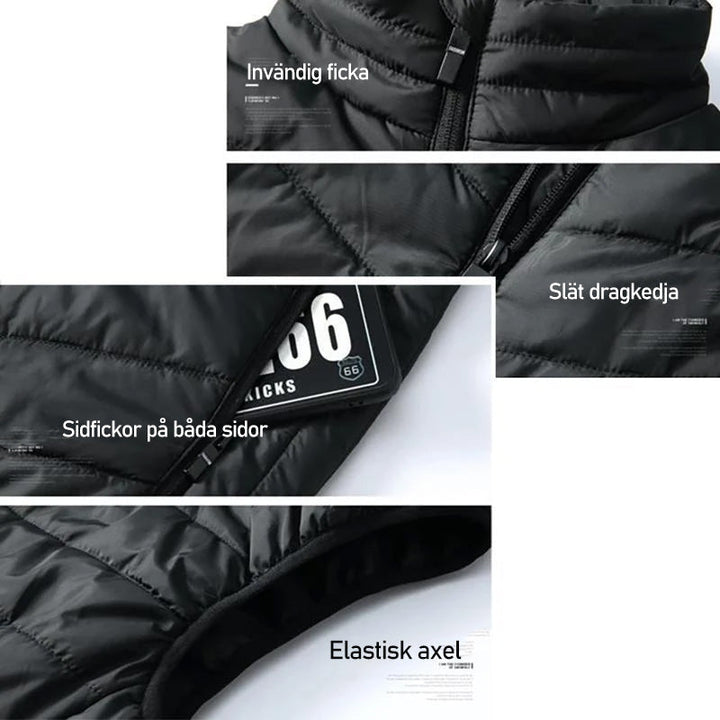 "Svart justerbar uppvärmningsväst för män och kvinnor, designad för komfort och värme i kallt väder, använd inomhus/utomhus."