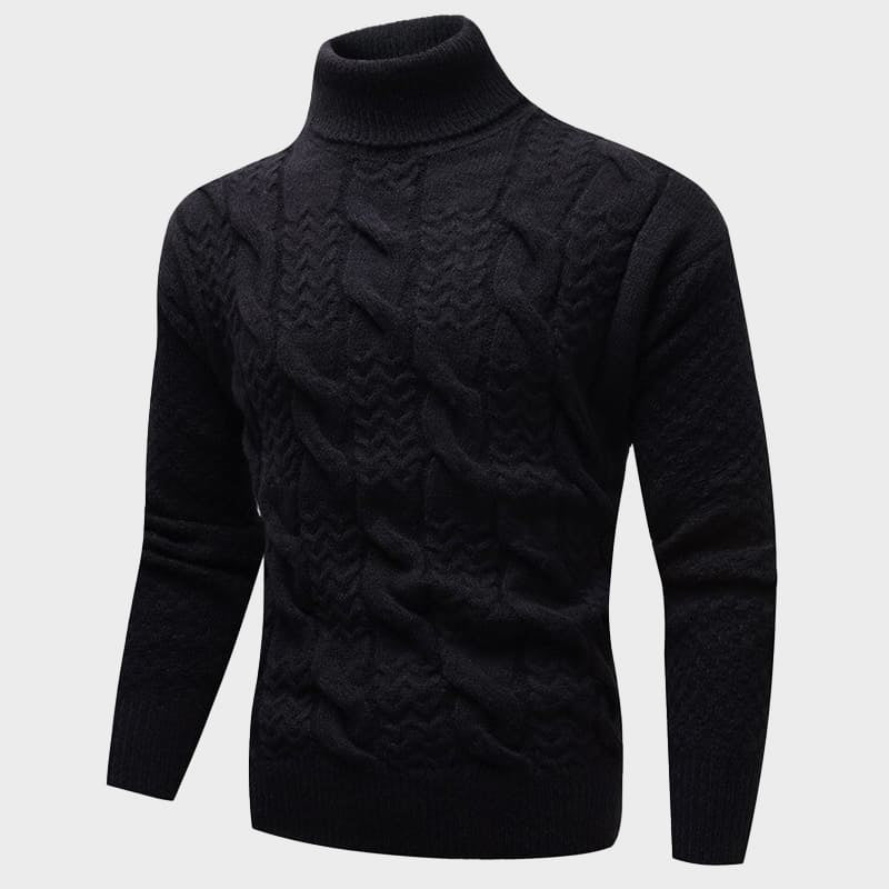 Detaljbild på mönster av en svart kabelstickad tröja med turtleneck, bekväm höstmode.