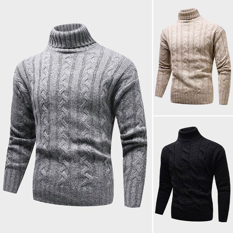 Bekväm svart turtlenecktröja, stickad kabeldesign, idealisk för kallare väder.