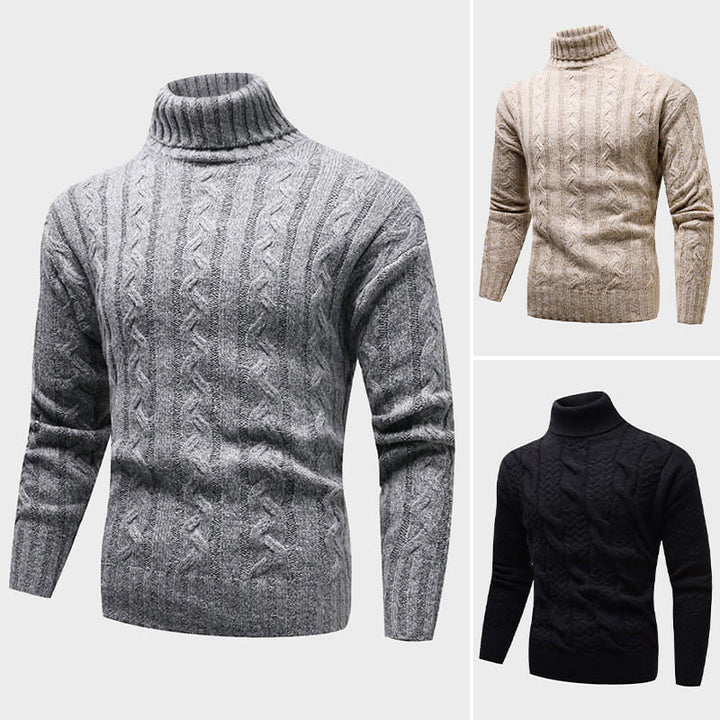 Bekväm svart turtlenecktröja, stickad kabeldesign, idealisk för kallare väder.