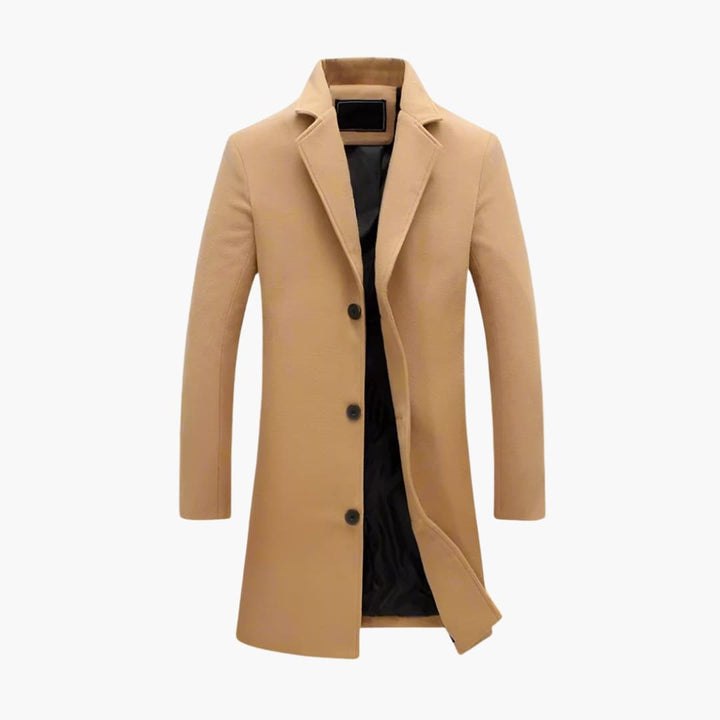 Svart klassisk herrrock i långkappa-modell med stilfull krage, perfekt för elegant herrmode och businesscasual.