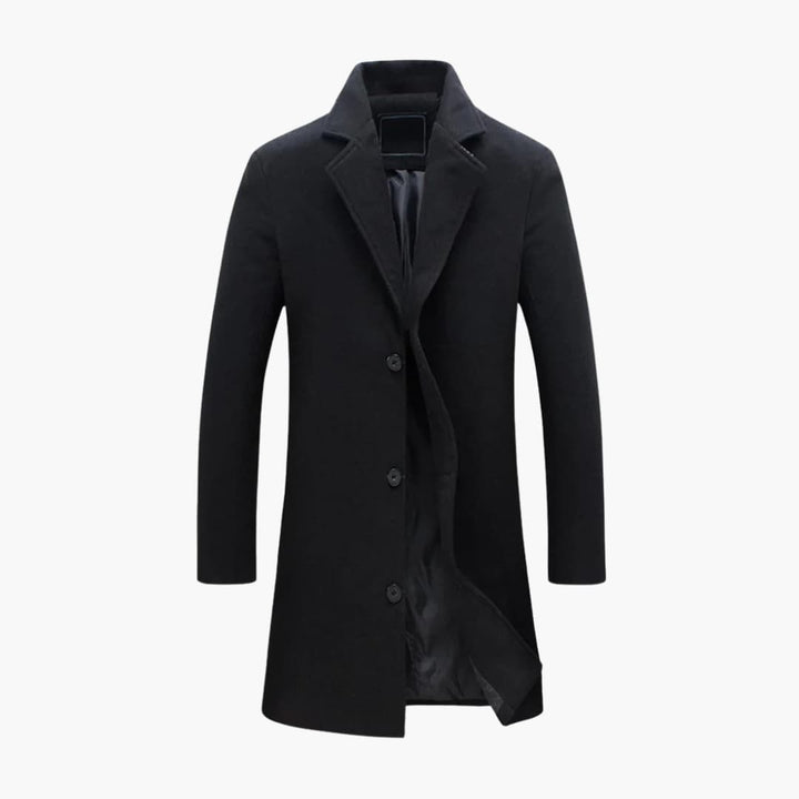 Elegant beige långkappa för herrar, en tidlös klassisk herrrock med krage för smartcasual och vardagsbruk.