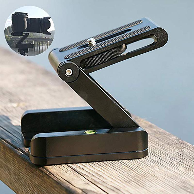 "Svart kompakt hopfällbar stativhållare för kamera, justerbar i aluminiumlegering, perfekt för fotografer och smartphones."
