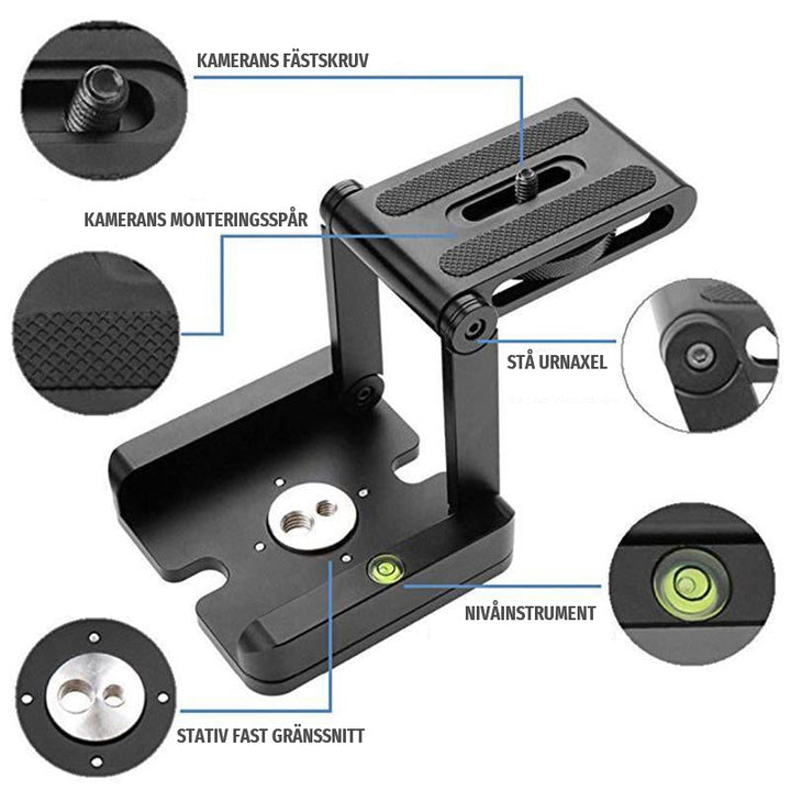 "Svart kompakt hopfällbar stativhållare för kamera, justerbar i aluminiumlegering, perfekt för fotografer och smartphones."