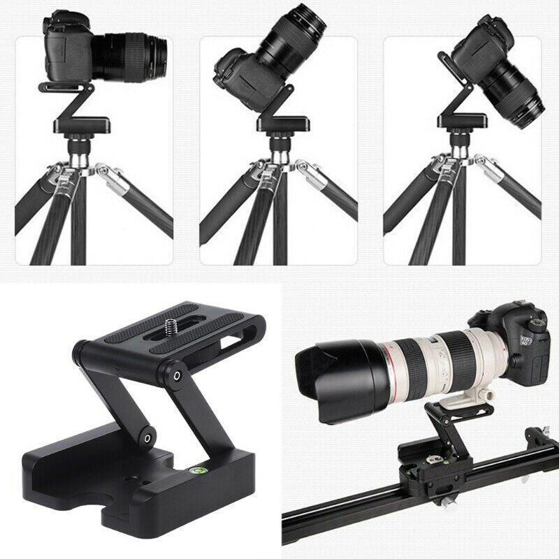 "Svart kompakt hopfällbar stativhållare för kamera, justerbar i aluminiumlegering, perfekt för fotografer och smartphones."