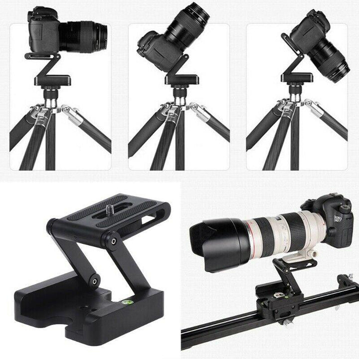 "Svart kompakt hopfällbar stativhållare för kamera, justerbar i aluminiumlegering, perfekt för fotografer och smartphones."