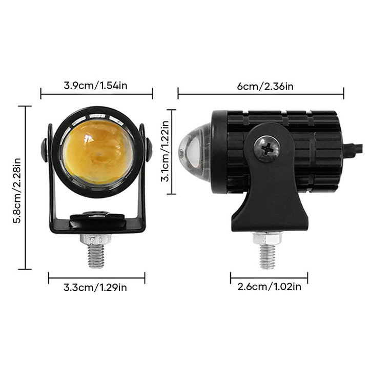 "Svart LED motorcykelstrålkastare med dubbel ljusfunktion, kompakt design, vit och gul lampa, för alla väder."