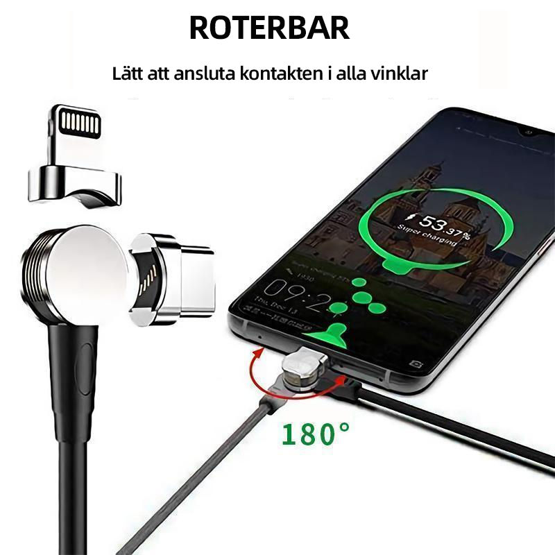 "Svart magnetisk laddningskabel med 180 graders rotation, slitstarkt TPE-material, för iPhone, Android, Type-C."