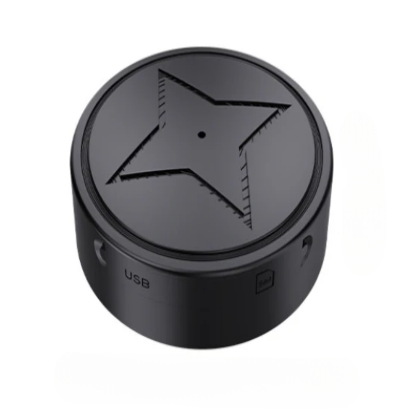 Kompakt svart mini-GPS-spårare med magnetfäste, idealisk för säkerhets- och resespårning.