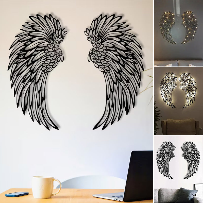 "Svart metallväggkonst med änglavingar och LED-lampor ger modern hemdekoration med unik 3D-skuggeffekt."