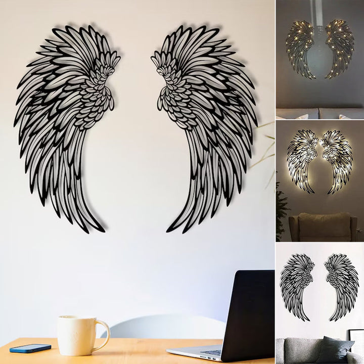 "Svart metallväggkonst med änglavingar och LED-lampor ger modern hemdekoration med unik 3D-skuggeffekt."