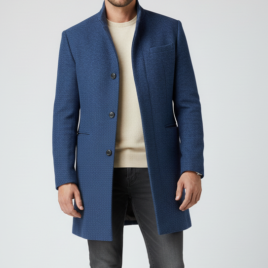 Svart minimalistisk enkelknäppt herr-långkappa Michael. Elegant tidlöst ytterplagg för modern mode.