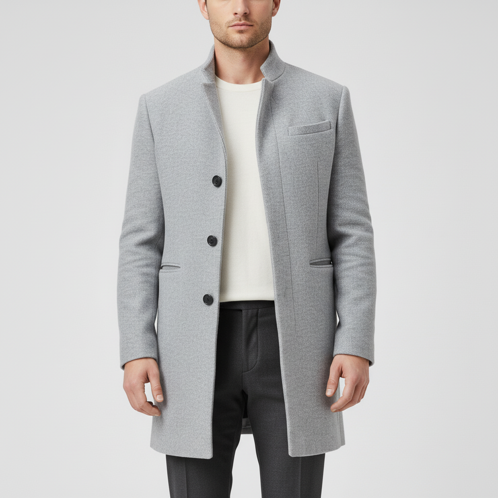 Tidlös enkelknäppt långkappa herr. Minimalistisk design, idealisk för elegant mode & fest. Kvalitetsytterplagg.