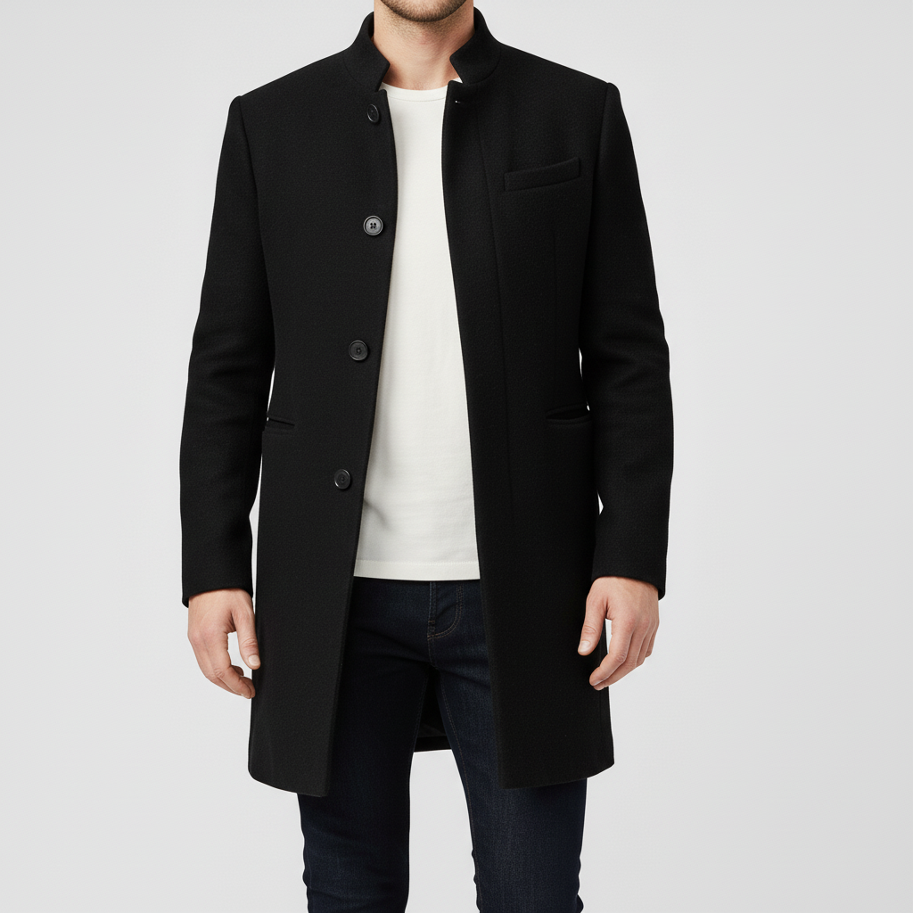 Minimalistisk enkelknäppt herrkappa, lång modell. Elegant & tidlöst ytterplagg för modern stil och mode.