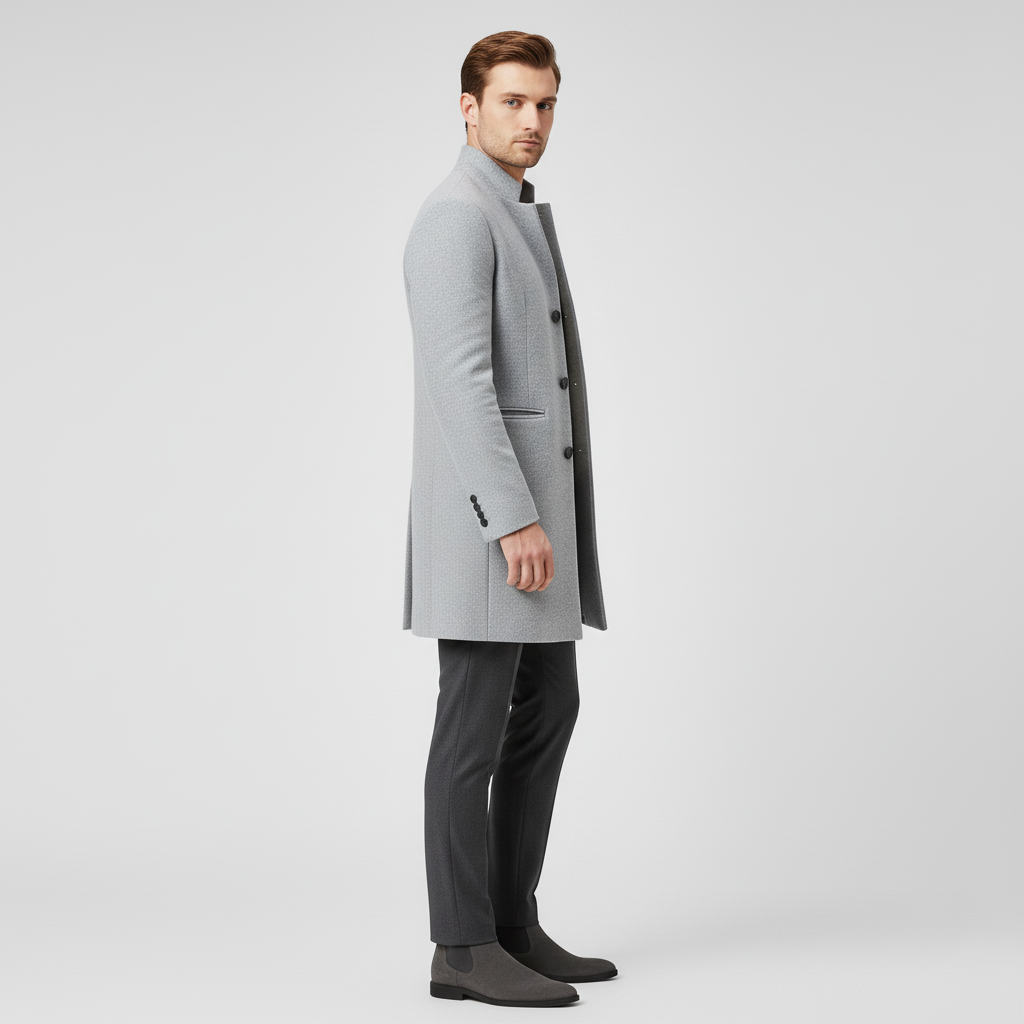 Grå minimalistisk enkelknäppt långkappa för herr. Elegant kontorsstil, tidlöst ytterplagg i mode.