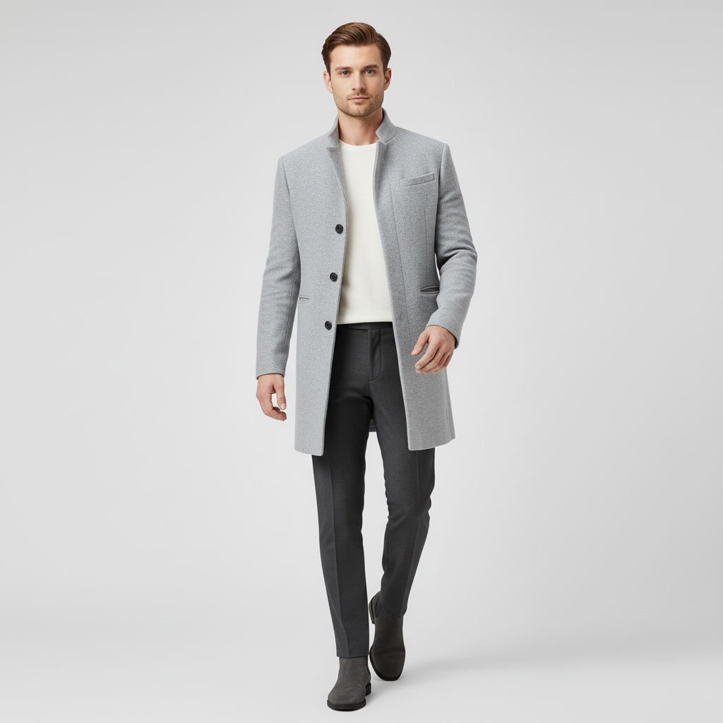 Beige minimalistisk herrkappa, enkelknäppt långmodell. Perfekt för elegant mode, kontorsstil & fest.